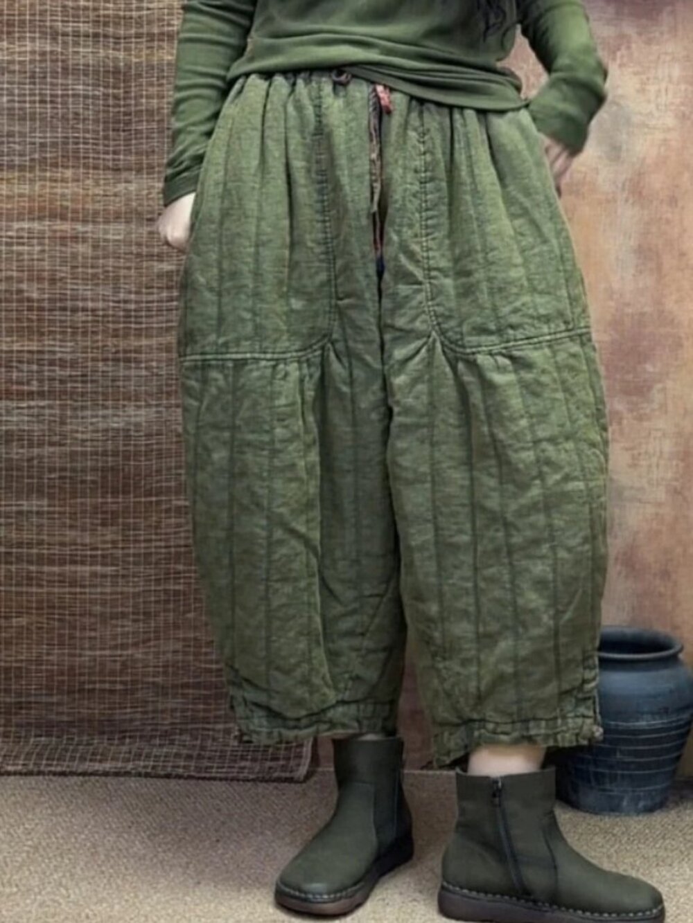 100% Linen Cotton Padded Wide Leg Winter Women's Harem Pants, OS,  Army Green